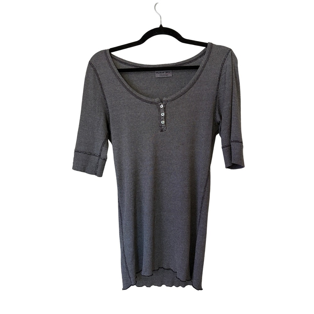 Michael Stars Women's Gray Metalic Henley 1/2 Sleeve Scoop Neck Top O/S